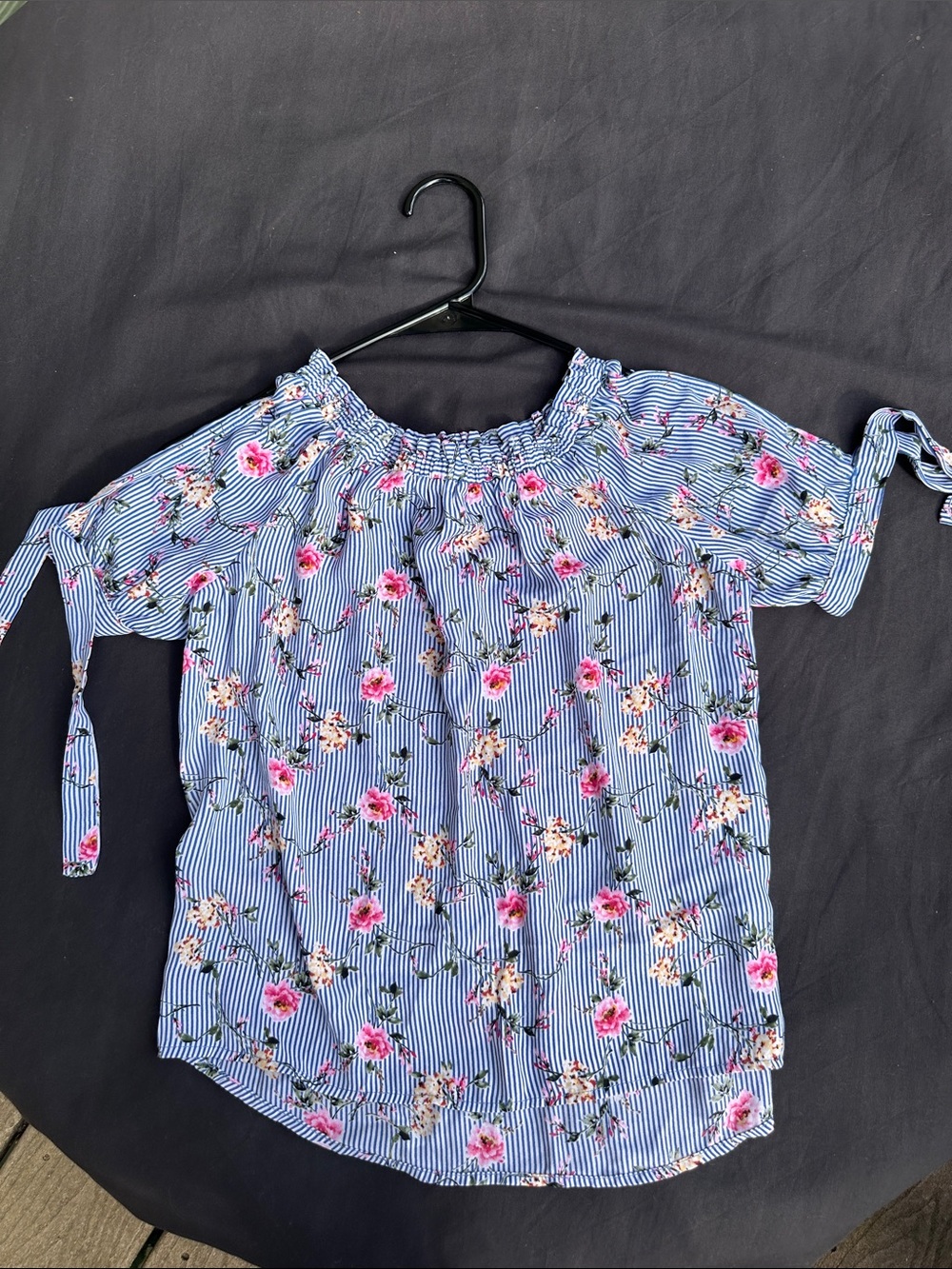 Monteau Blue Striped Off-Shoulder Floral Blouse.